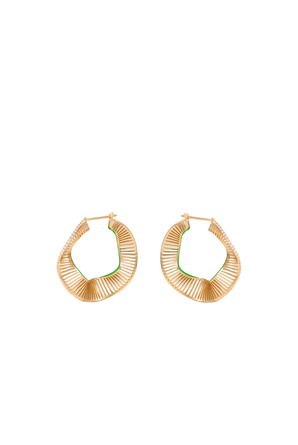 Wave Size 2 Hoop Earrings, 18k Yellow Gold, Green Enamel & Diamonds